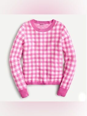 NWT J Crew Cashmere Check Print Crew neck Sweater Pink  White In Gingham Size S